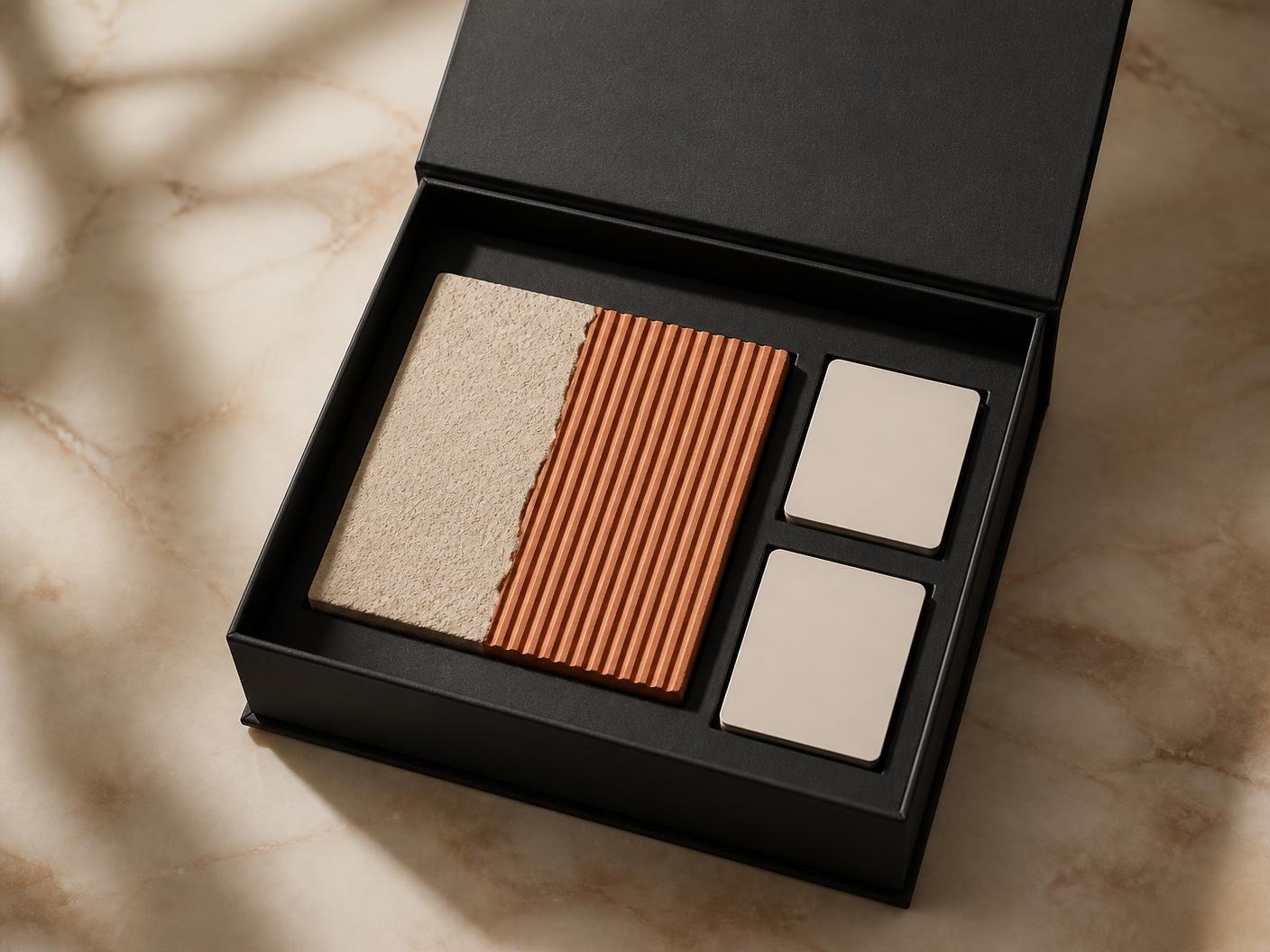 Matte black 15 by 15 cm presentation box containing a dual-texture mineral tile, story card and technical spec sheet